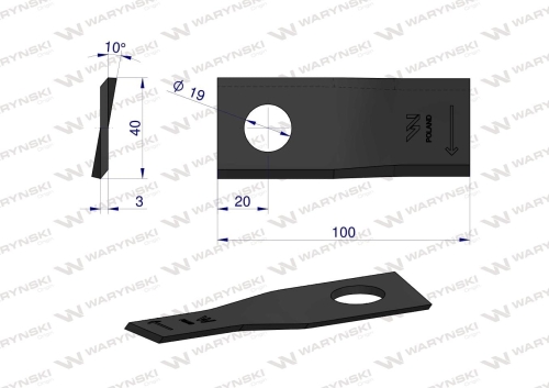 Nóż nożyk kosiarka prawy 100x40x3mm otwór 19 zastosowanie 580290955 BCS Sipma WARYŃSKI  2