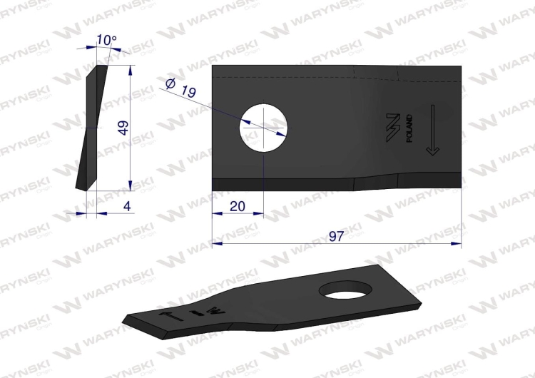 Nóż nożyk kosiarka prawy 97x48x4mm otwór 19 zastosowanie 13800024 JF-Stoll WARYŃSKI 2