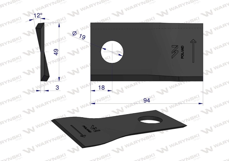 Nóż nożyk kosiarka lewy 94x48x4mm otwór 19 zastosowanie TF-71 Kverneland Taarup WARYŃSKI 2