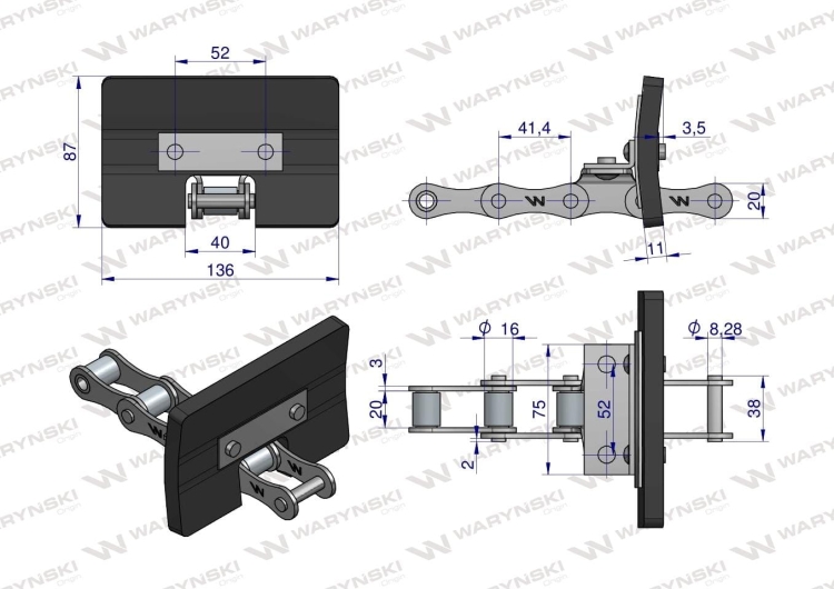 Łańcuch podajnika ziarnowego kpl. 38 łopatek 86 x 136 mm zastosowani Bizon Rekord Waryński  (2)