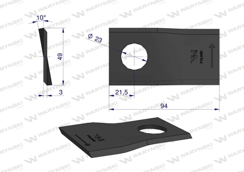 Nóż nożyk kosiarka lewy 94x48x3mm otwór 23 Mortl T673L WARYŃSKI 2