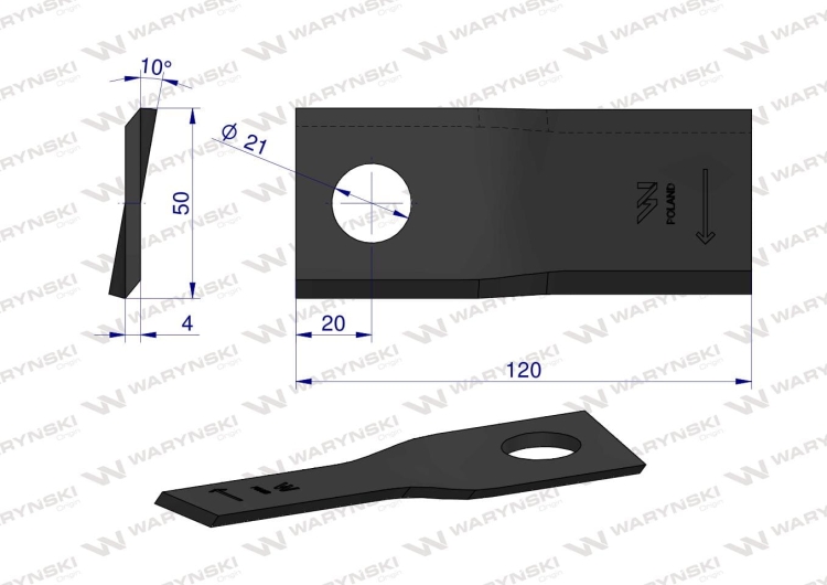Nóż nożyk kosiarka prawy 120X50X4mm otwór 21 zastosowanie RF 120/4 Pronar WARYŃSKI 2