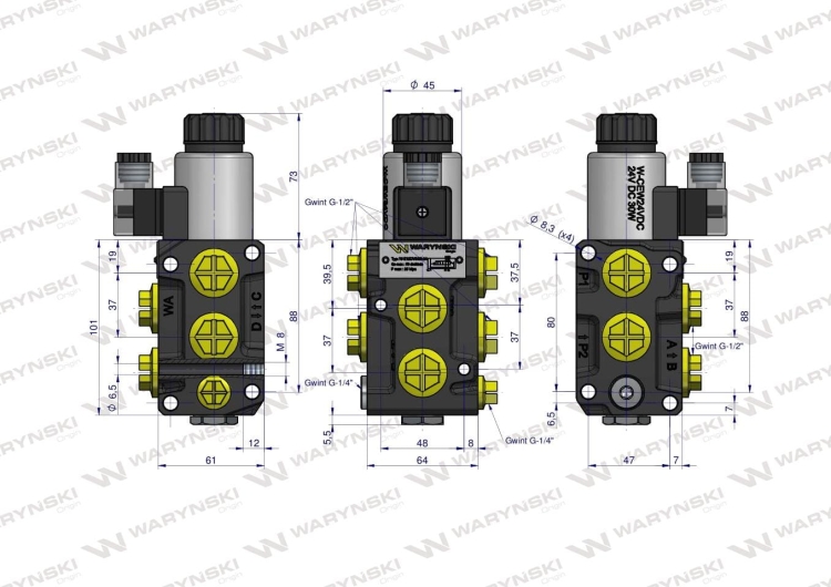 Dzielnik zawór elektrozawór kierunkowy elektromagnetyczny kontroli W-E12DVS6/2 (DVS6/50L) G1/2" 50L (24V DC) Waryński (3)