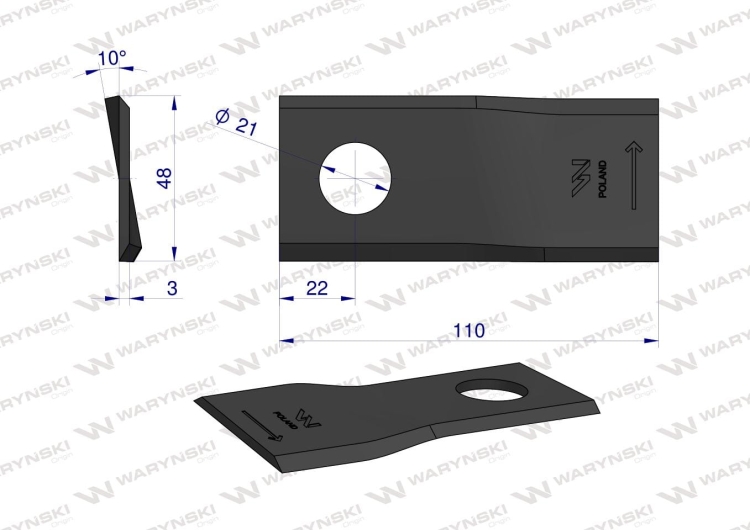 Nóż nożyk kosiarka lewy 110x48x3mm otwór 21 zastosowanie 108L Galfre WARYŃSKI rysunek techniczny
