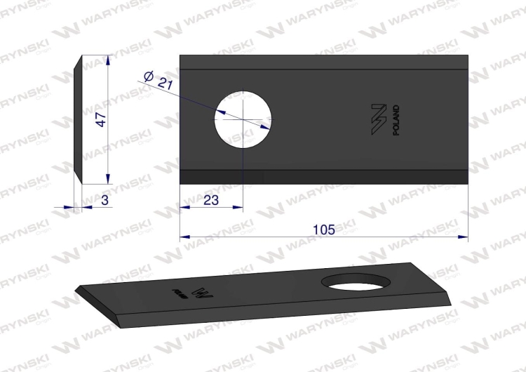 Nóż nożyk kosiarka 105X47X3mm otwór 21 zastosowanie CM15 PZ Vicon Kverneland WARYŃSKI (2)