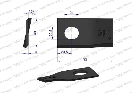Nóż nożyk kosiarka prawy 92x48x4mm otwór 20x24 zastosowanie 13800022 JF-Stoll WARYŃSKI 2