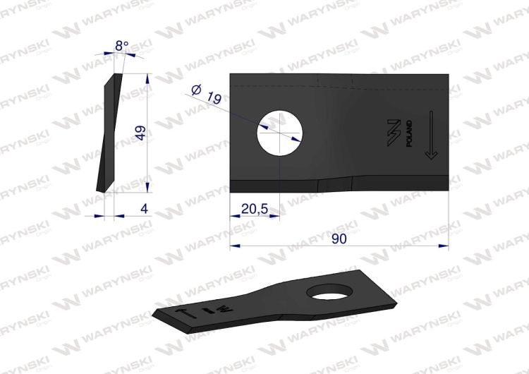 Nóż nożyk kosiarka prawy 90x48x4mm otwór 19 zastosowanie 1448261 Krone WARYŃSKI 2