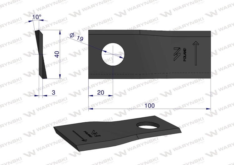 Nóż nożyk kosiarka lewy 100X40X3mm otwór 19 zastosowanie RS 100/3 Sipma WARYŃSKI 2