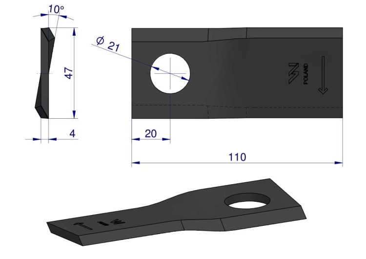 Nóż nożyk kosiarka prawy 110X48X4mm otwór 21 zastosowanie RF 110/4 Famarol WARYŃSKI 2