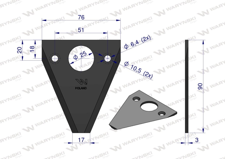 Nóż żniwny 90x76x3mm otwór 6.5 zastosowanie D18 Fortschritt WARYŃSKI  2