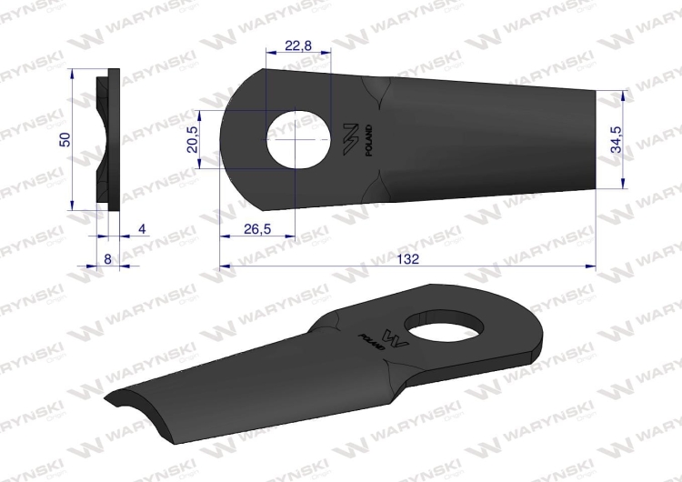 Nóż nożyk kosiarka gięty 132X50X4mm otwór 20.5x23 zastosowanie 13800013 JF-Stoll WARYŃSKI 2