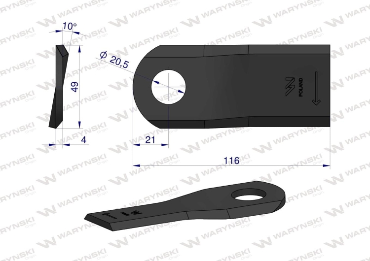 Nóż nożyk kosiarka prawy 116x48x4mm otwór 20.5 zastosowanie 6804720 Kuhn WARYŃSKI 2