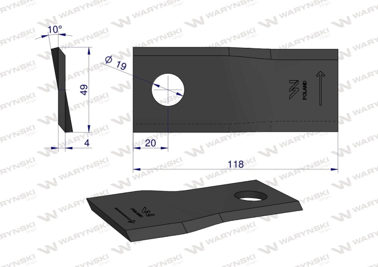 Nóż nożyk kosiarka lewy 118x48x4mm otwór 19 zastosowanie 133075 Fella WARYŃSKI 2