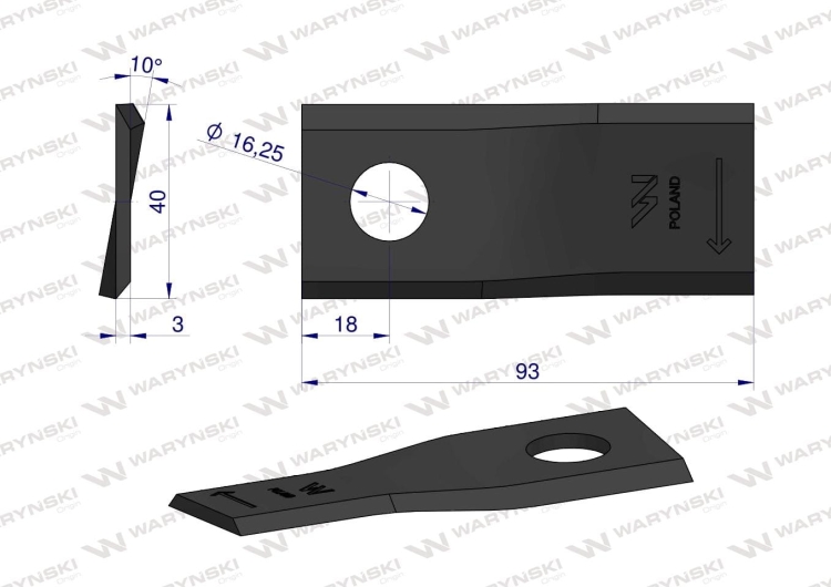 Nóż nożyk kosiarka prawy 93x40x3mm otwór 16.2 Kuhn 56151300 WARYŃSKI 2