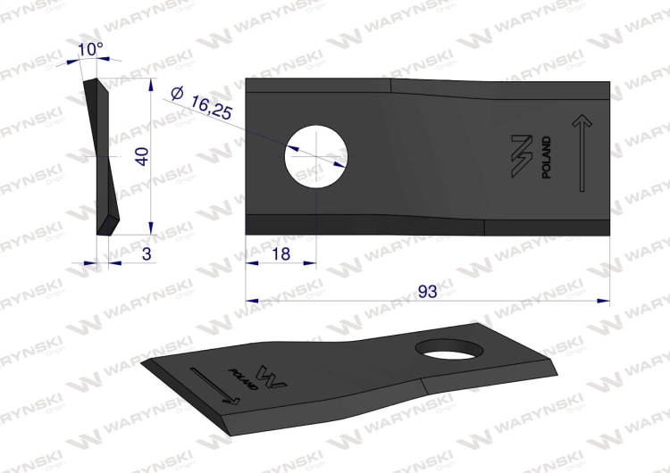 Nóż nożyk kosiarka lewy 93x40x3mm otwór 16.2 Kuhn 56151200 WARYŃSKI 2