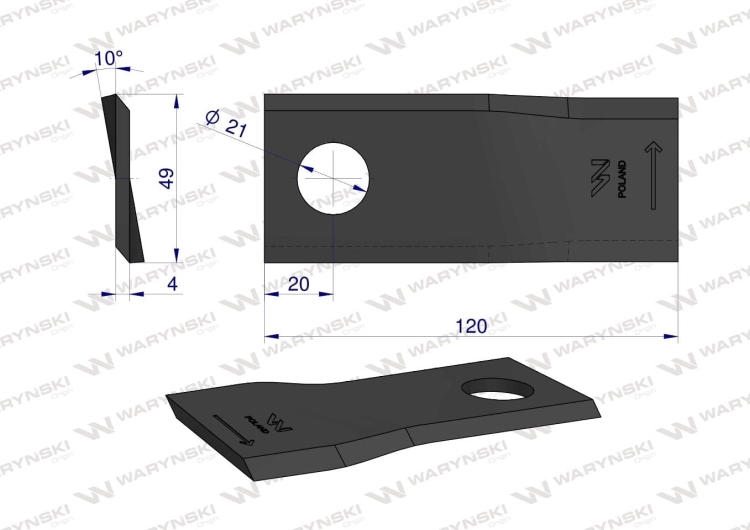 Nóż nożyk kosiarka lewy 120x49x4mm otwór 21 zastosowanie 434975 Pottinger WARYŃSKI 2