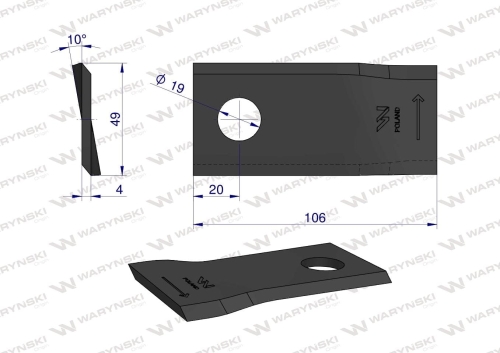Nóż nożyk kosiarka lewy 106x48x4mm otwór 19 zastosowanie 570445 Niemeyer WARYŃSKI 2