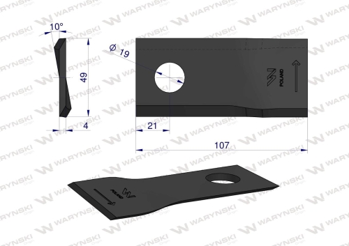 Nóż nożyk kosiarka lewy 107x50x4mm otwór 19 Niemeyer 570683 WARYŃSKI 2