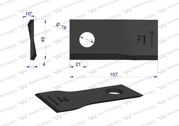 Nóż nożyk kosiarka lewy 107x50x4mm otwór 19 Niemeyer 570683 WARYŃSKI 2