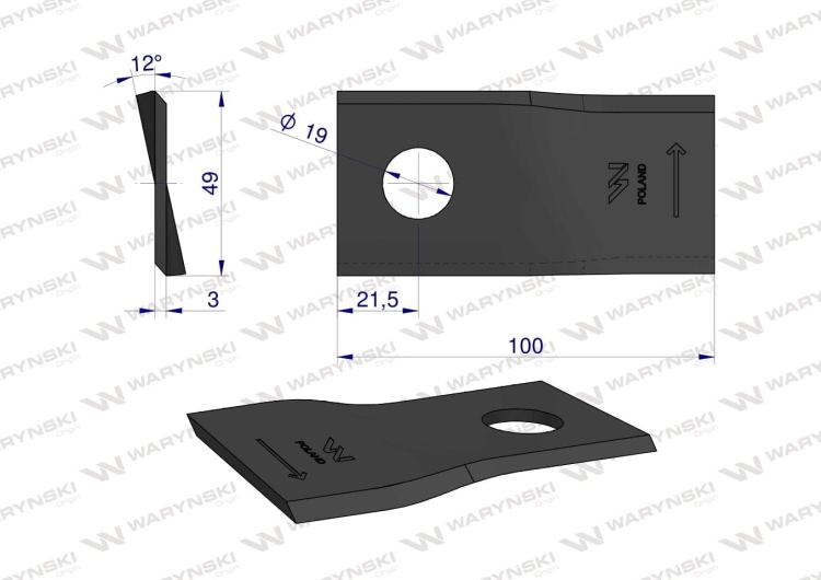 Nóż nożyk kosiarka lewy 100x48x3mm otwór 19 zastosowanie 570419 Niemeyer WARYŃSKI 2