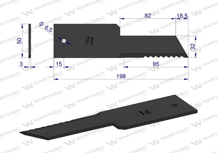 Nóż stały rozdrabniacz słomy sieczkarnia 198x50x3mm otwór 6.5 zastosowanie Z59033 280910Z John Deere WARYŃSKI 2