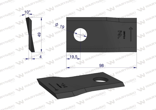 Nóż nożyk kosiarka lewy 98x48x4mm otwór 19 zastosowanie 153171311 SIP WARYŃSKI 2