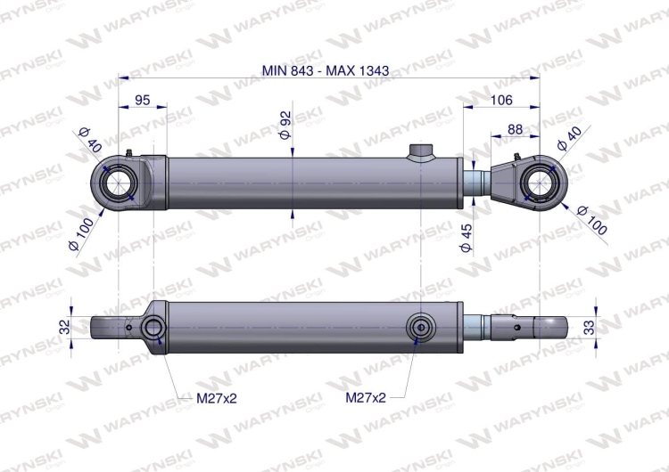 Cylinder hydrauliczny - siłownik dwustronny CJ2F80/45/500 Waryński 2
