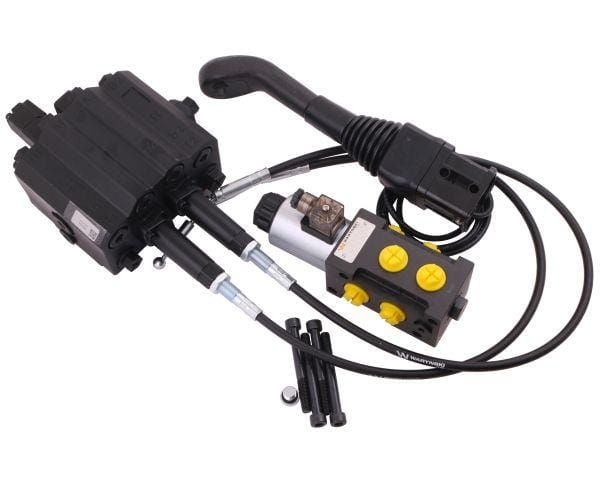 Rozdzielacz do ładowacza czołowego 90L zestaw: Rozdzielacz + Elektrozawór + Joystick z przyciskiem + Linki na kulkę stalową 2000mm Waryński