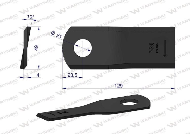 Nóż nożyk kosiarka prawy 129.5x48x4mm otwór 21.2 zastosowanie 129MER Marangon WARYŃSKI 2