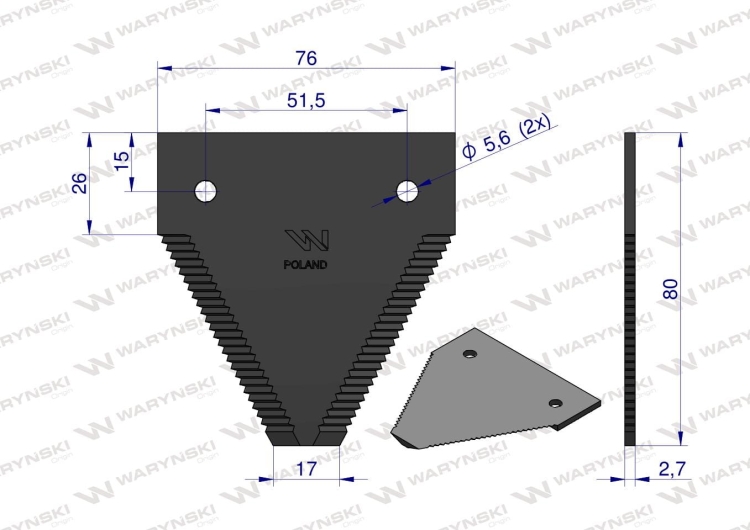 Nóż żniwny 80x76x2.7mm otwór 5.5 Claas 614670.1 WARYŃSKI 2