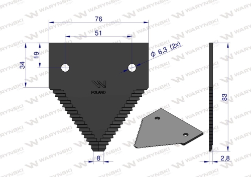 Nóż żniwny 83x76x2.8mm otwór 6.5 John Deere P49650 AZ32298 WARYŃSKI 2