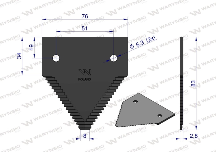 Nóż żniwny 83x76x2.8mm otwór 6.5 John Deere P49650 AZ32298 WARYŃSKI 2