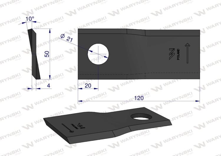 Nóż nożyk kosiarka lewy 120X50X4mm otwór 21 zastosowanie RF 120/4 Pronar WARYŃSKI 2