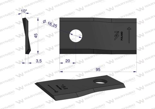 Nóż nożyk kosiarka lewy 95x45x3.5mm otwór 16.25 zastosowanie CC20500 New Holland WARYŃSKI  2