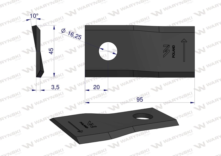 Nóż nożyk kosiarka lewy 95x45x3.5mm otwór 16.25 zastosowanie CC20500 New Holland WARYŃSKI  2