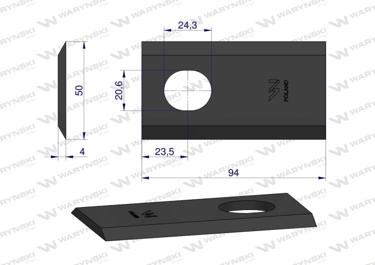 Nóż nożyk kosiarka 94X50X4mm otwór 20.5x24.3 zastosowanie 1380-0001 067630 JF-Stoll WARYŃSKI 2