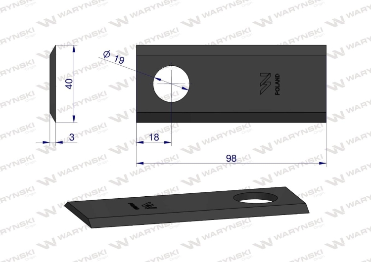Nóż nożyk kosiarka 98X40X3mm otwór 19 zastosowanie 98D Galfre WARYŃSKI 2