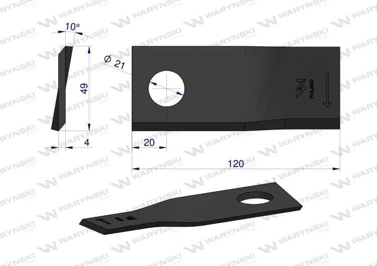 Nóż nożyk kosiarka prawy 120x49x4mm otwór 21 zastosowanie 434976 Pottinger WARYŃSKI 2