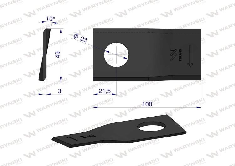 Nóż nożyk kosiarka prawy 100x48x3mm otwór 23 zastosowanie T683R Mortl WARYŃSKI (2)