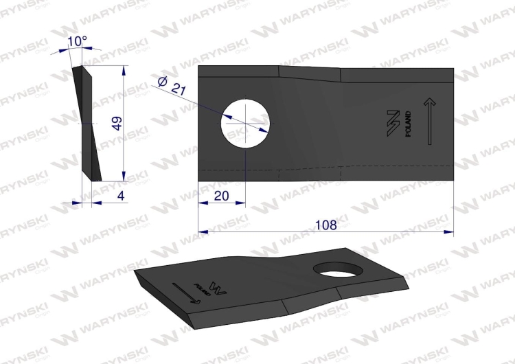 Nóż nożyk kosiarka lewy 108x48x4mm otwór 21 zastosowanie 434971 Pottinger WARYŃSKI 2