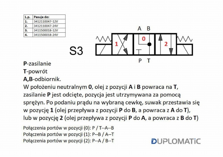 Rozdzielacz (elektrozawór) DL3-S3/10N-D12 12V DC (cewka x 2) Compact 280bar. 50l/min Duplomatic 3