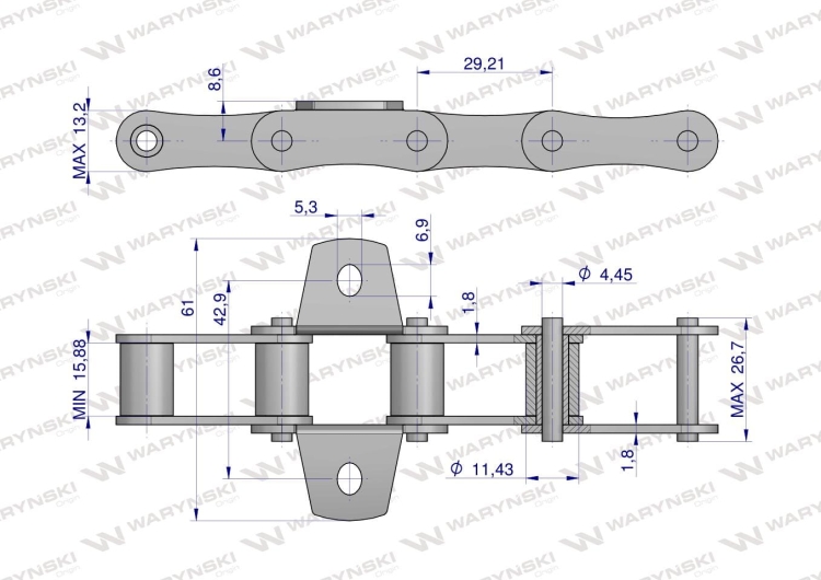 Łańcuch podajnika S32 łapka K1 co 6 ogniwa 5m Waryński 2