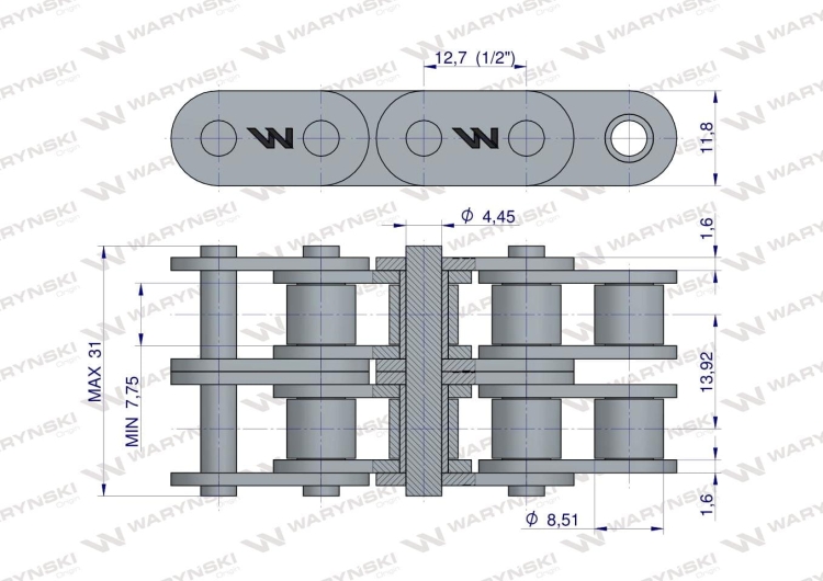 Łańcuch rolkowy prosta płytka 08B-2 (R2 1/2) 5 m Waryński 2