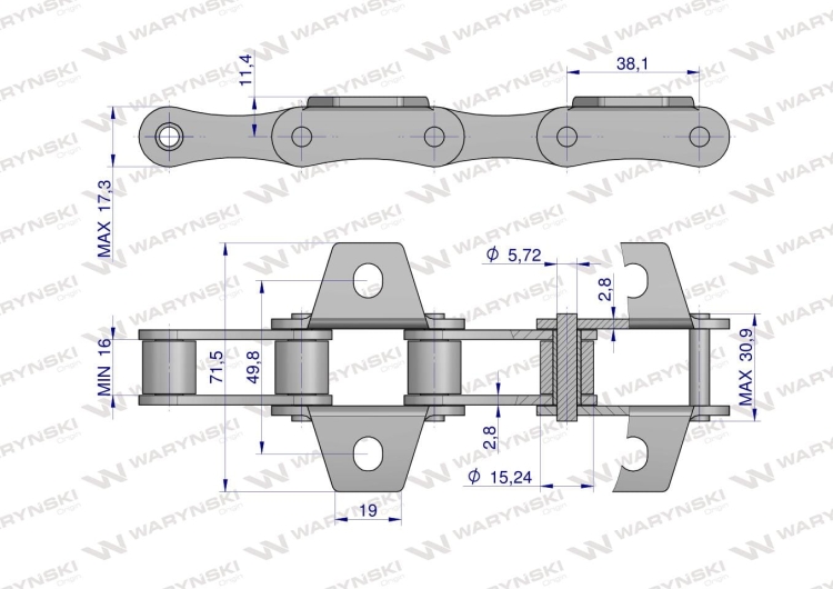 Łańcuch podajnika S51 łapka K1 co 2 ogniwa 5m Waryński  2