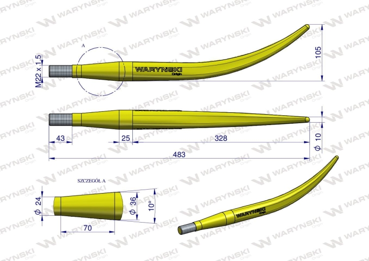 Ząb ładowacza wygięty zamykający L- 480 mm chwytak ( krokodyl) Tur WARYŃSKI 2