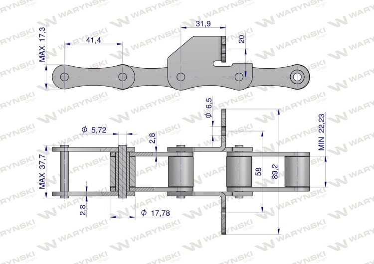 Łańcuch podajnika S55 łapka SD co 8 ogniwa 5m Waryński  2