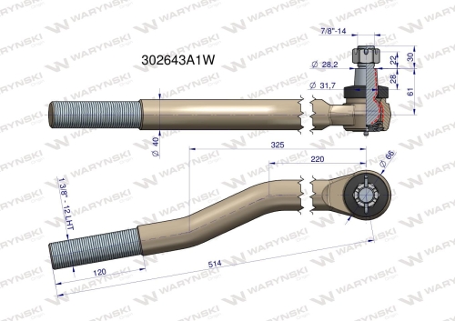 Przegub kierowniczy lewy 514mm- 1 3/8" 302643A1 WARYŃSKI 2
