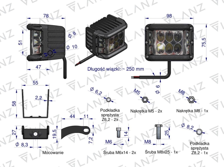 Lampa robocza kwadratowa szerokokątna 48W 12LED GLANZ 5