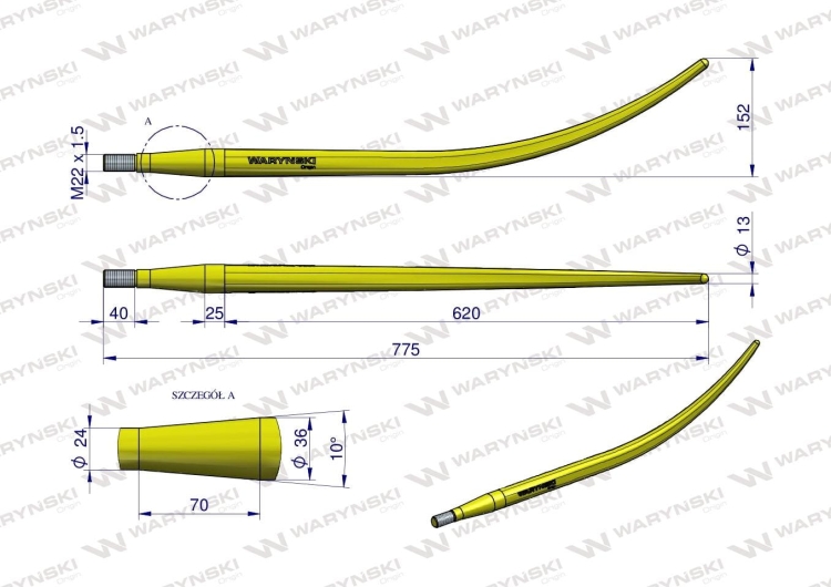 Ząb ładowacza wygięty zamykający L- 780 mm chwytak (krokodyl) Tur WARYŃSKI 2