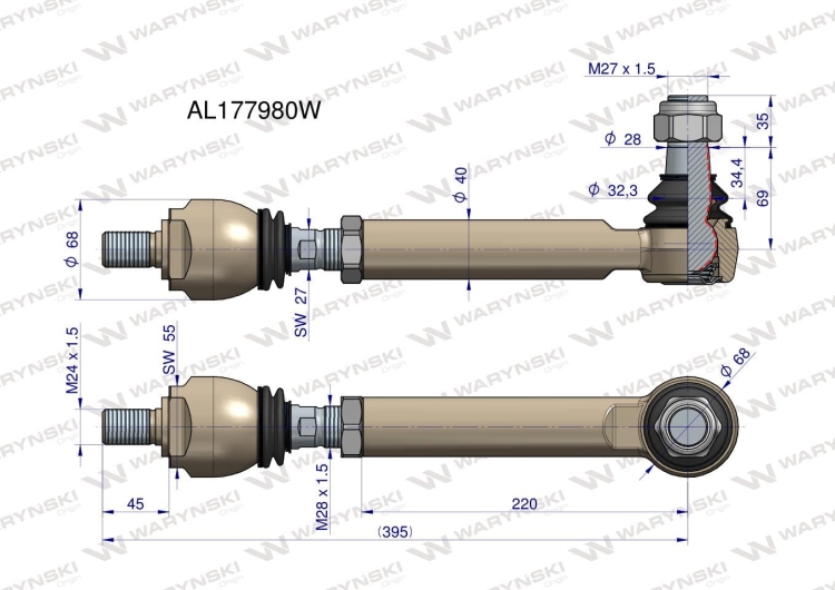 Drążek kierowniczy John Deere lewy 395mm AL177980 WARYŃSKI (2)